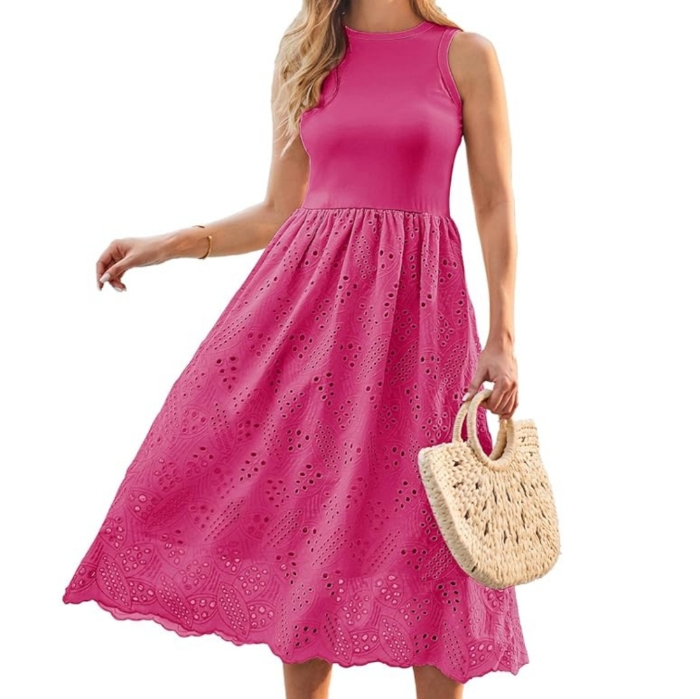 Grace Karin NWT Pink Sleeveless Eyelet Summer Midi Dress